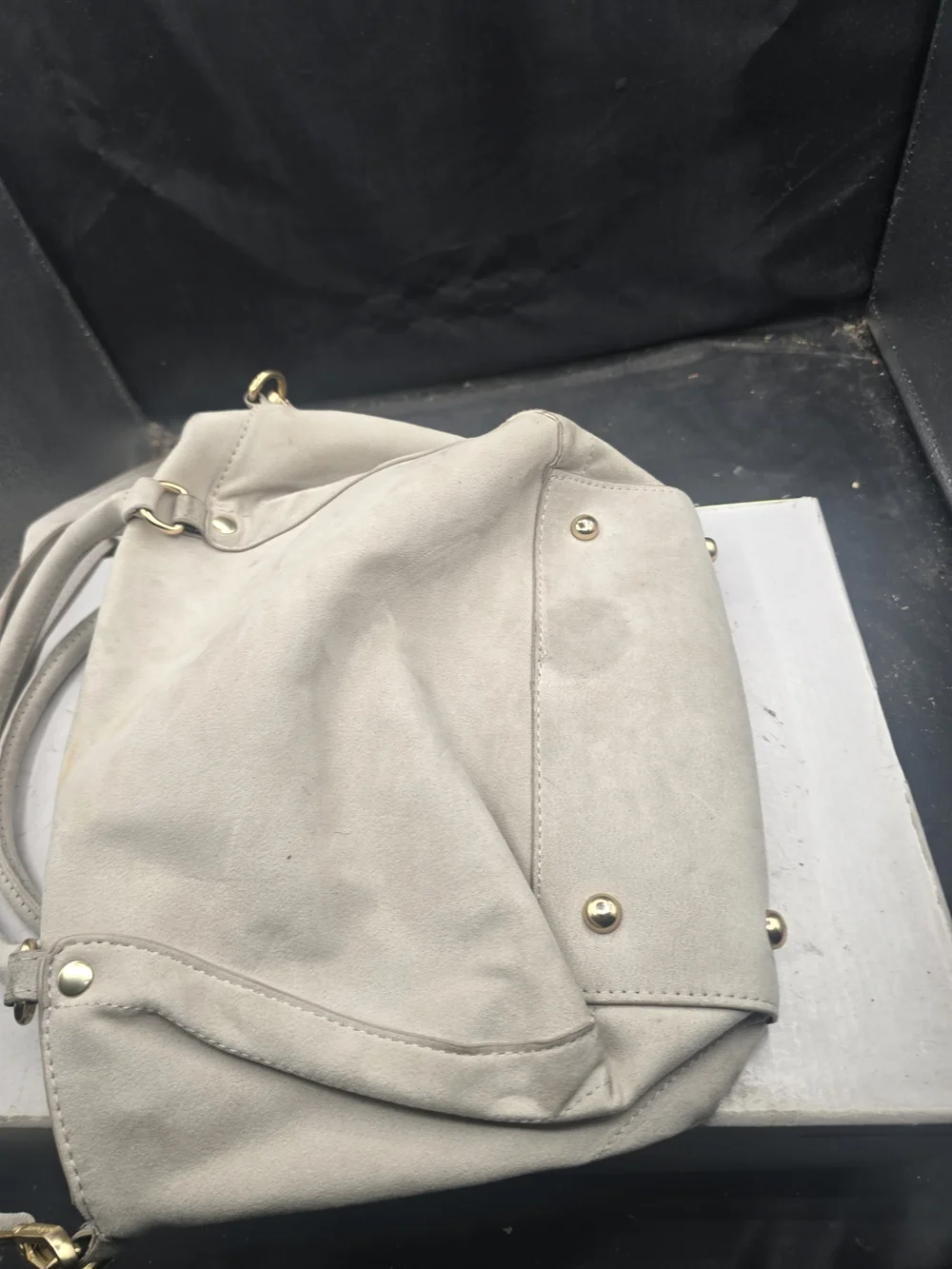 Nanette Lepore Light Gray Suede Crossbody Bag with Gold Chain